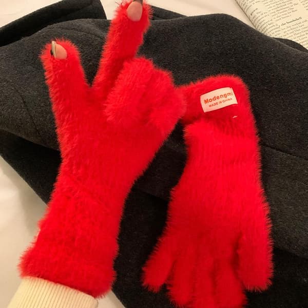 Vinterhandskar för kvinnor Tjocka plyschstickade handskar Varma sammetshandskar Red