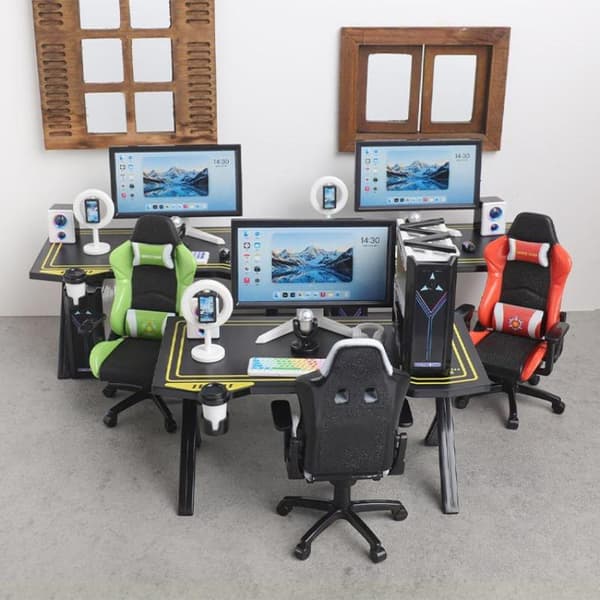 Mini Gaming Skrivbordsstol Set 1/12 Dockhus Datorbord Skärm Orange