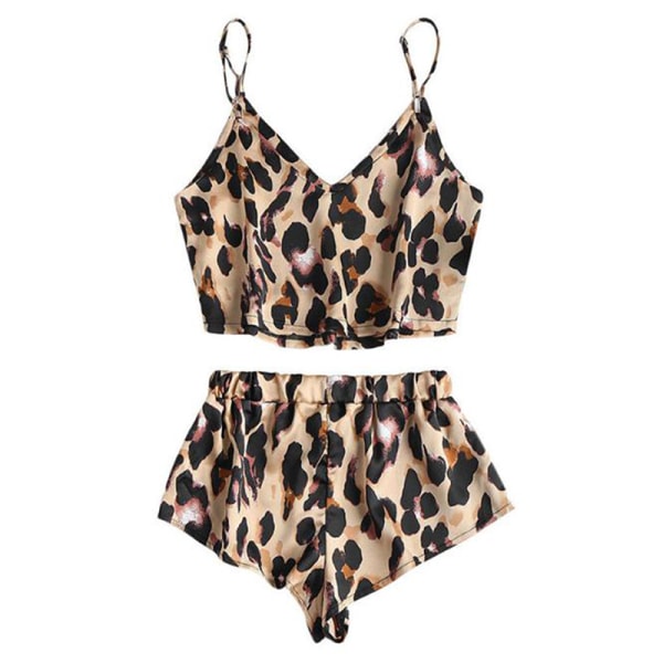 Sexet Leopard Satin Sling Pyjamas Sæt Kvinder Tube Overdele Shorts Sleeve M