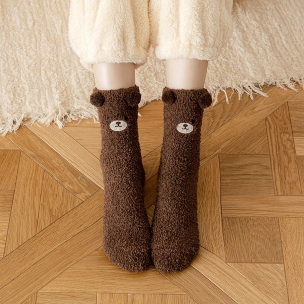 Kvinner e Cartoon Animal Fuzzy Socks Vinter Varm Fleece Kawaii Coffee