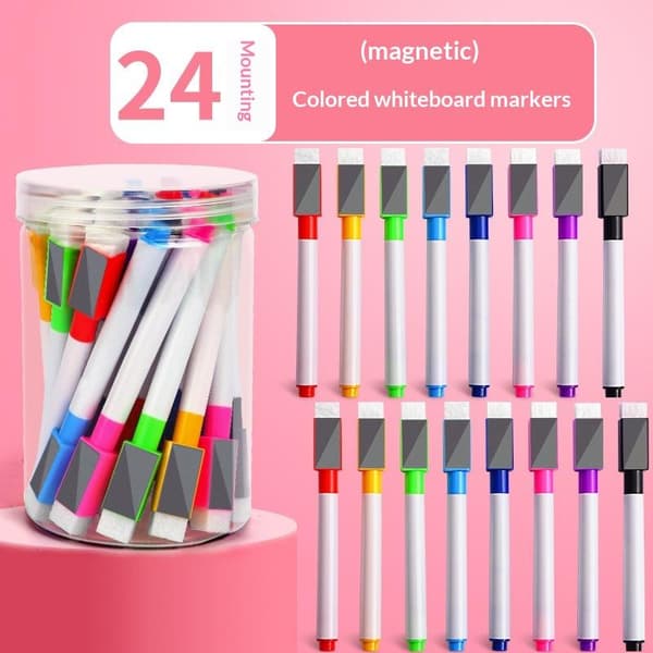24 st raderbara whiteboardpennor med borstar raderbar station Black A