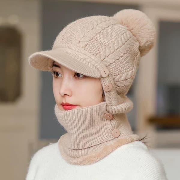 Dame Tykk Varm Strikket Pullover Lue Vinter Ensfarget Pink