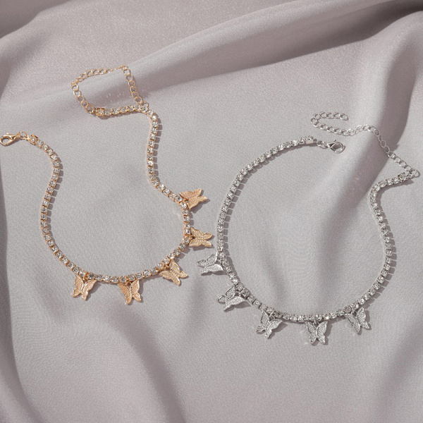 Kvinner mote Rhinestone Butterfly anheng Halskjede Retro gull Silver