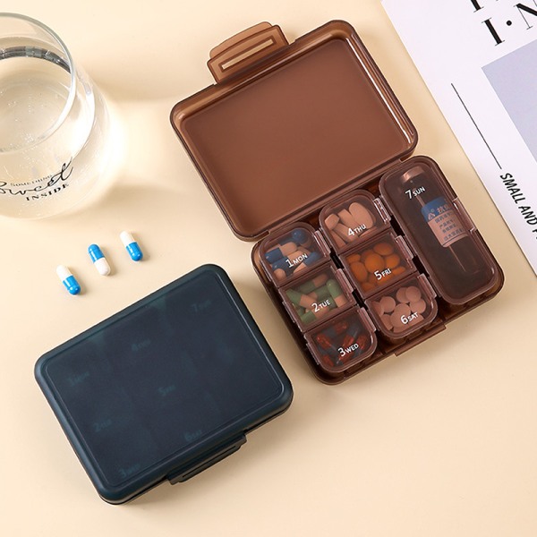 7Grids Pill Box Tablet Container Travel Organizer Case Lääketiede Brown