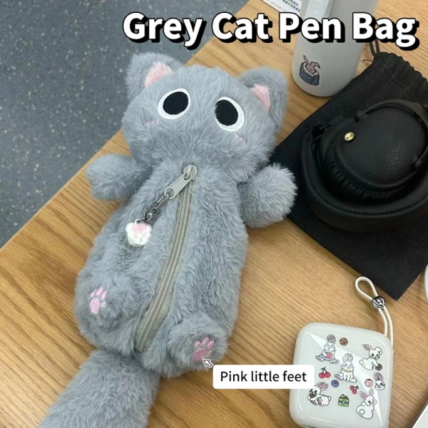 Grå plys Cat Pen Bag e Desktop Cartoon Paper Storage Bag Gray