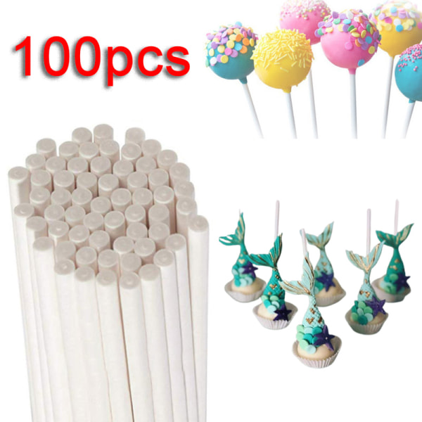 100 stk Lollipop Cake Papir Stick Pops Hvit solid papirpinne B