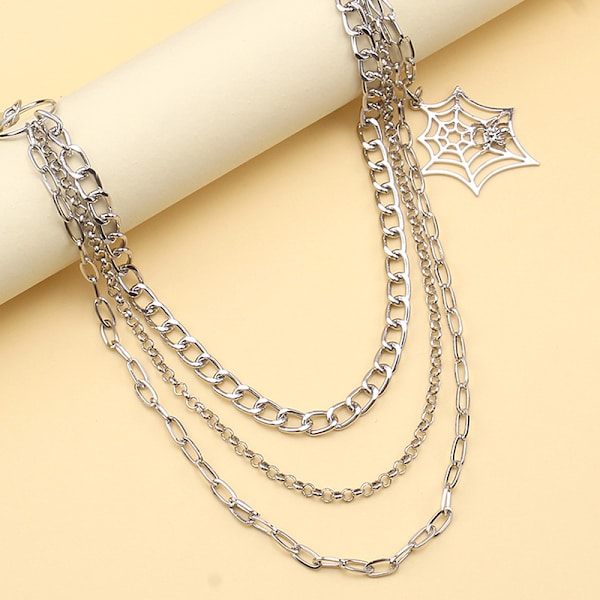 Muoti punk metallihousut -ketju Hip Hop Spider Web -riippuvaiset farkut Silver