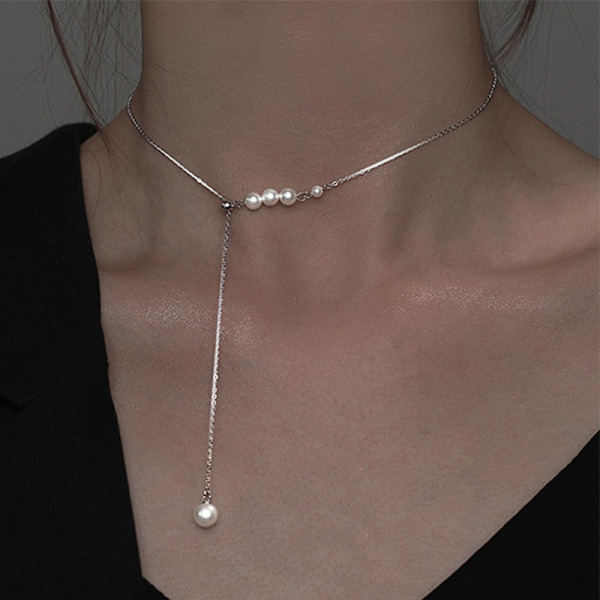 Pearl Tassel Justerbar Halskæde til Kvinder Fransk Simple Clavic Silver