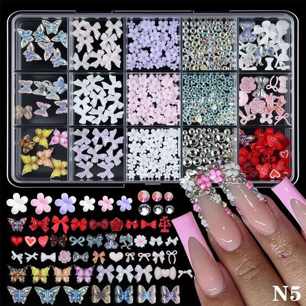 3D neglekunstdekorasjonssett harpiks sløyfer perler former DIY pynt 6