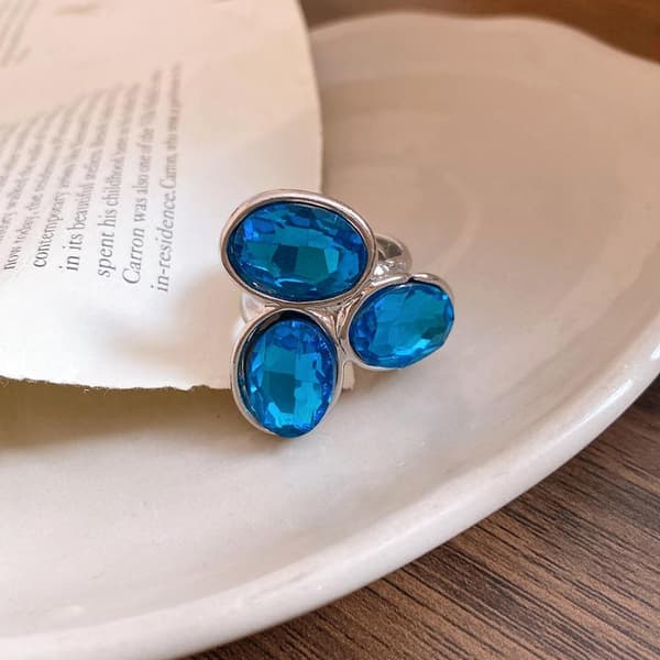 Retro Krystallinnlagt Oval Justerbar Ring Luksus Minimalistisk Fin Blue