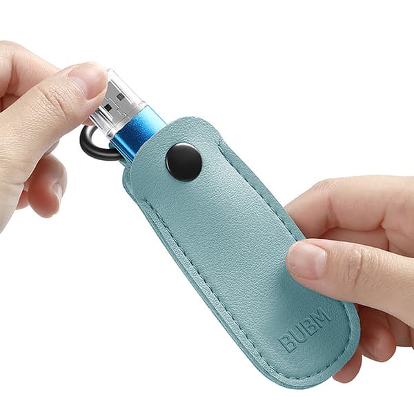 Læder U Disk Pouch Nøglering Holder Flash Drive Opbevaringstaske Me Blue