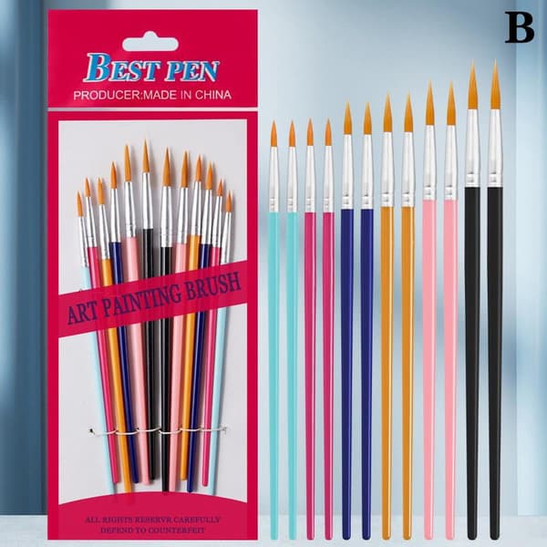 12 kpl maalaussivellinsetti, taide, pyöreä, litteä, nailonharjaksinen Multicolor B