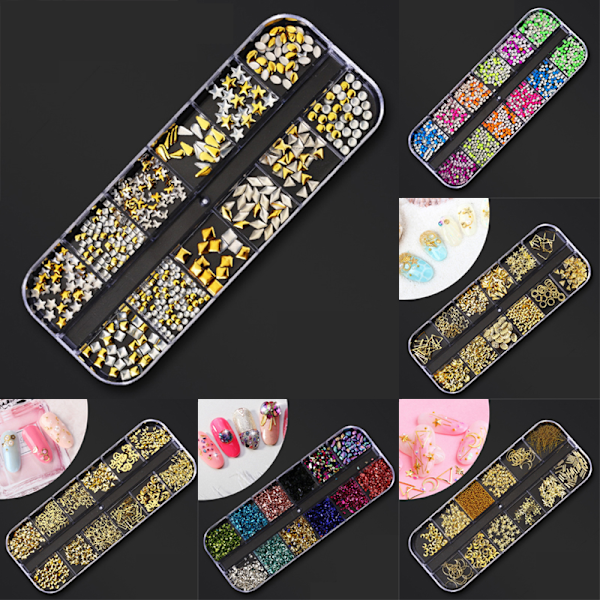 Olika 3D Nail Art Rhinestones Diamanter Gems Smycken Nit Mix