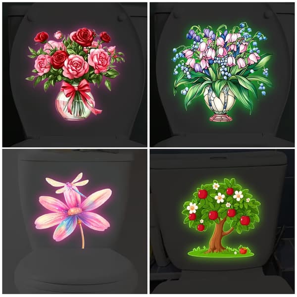 Selvlysende blomstertoalettklistremerke, lysende toalettdekorasjon A2