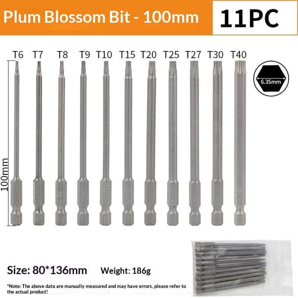 11 stk S2 Torx Bitssett Skaft Sekskant Vind Borehode Håndverktøy 100mm 8pcs