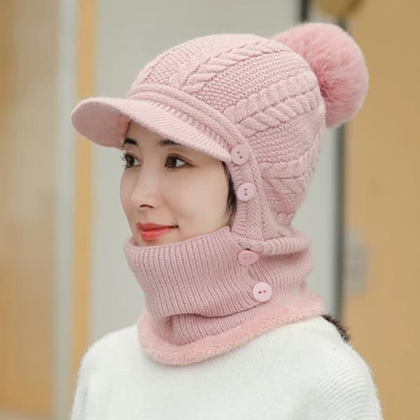 Dame Tykk Varm Strikket Pullover Lue Vinter Ensfarget Pink