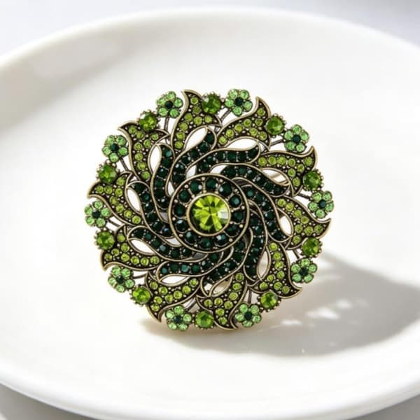 Antik Bronze Broche Mousserende Grøn Rhinestone Blomsterdesign A2