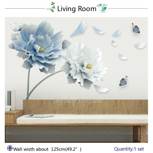 Store hvite blå blomst Lotus sommerfugl flyttbare veggklistremerker