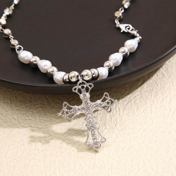 Fashion Trend Sweet Cool keinotekoinen Diamond Cross Pendant Pearl A2