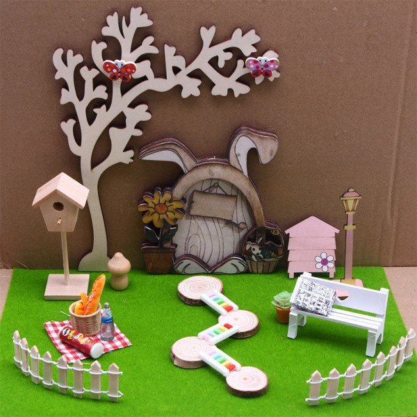 1:12 Dollhouse Mini Spring Courtyard Set Wood Door Easter Garden A1