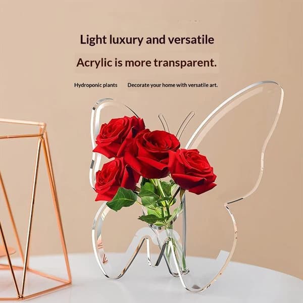 Klar Akryl Fjärilsformad Vas Hög Transparent Finish För