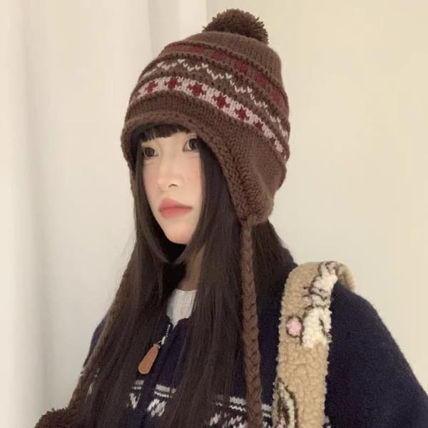 Vintervarm mössa för kvinnor, utomhus Fair Isle förtjockad C Black