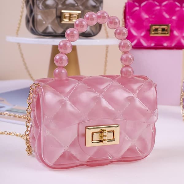 Mini Transparent Quiltad Jelly Handväska Pärlhandtag Avtagbar A7
