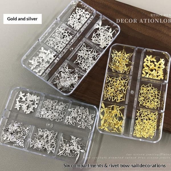 6 Gitre Metal Sløjfe Udhulet Neglekunst Charm Guld Sølv 3D Negl Silver