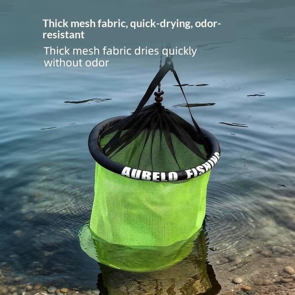 Vikbar fiskebehållare i nät med dragsko för bete Green S