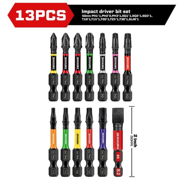 13 STK Slag Phillips/Firkant/Slidsede Bits Sæt 2'' Magnetisk B