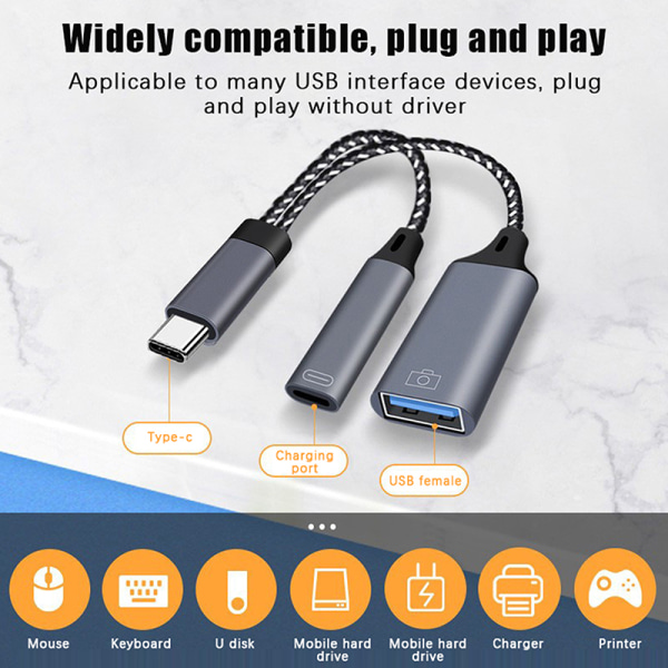 USB C OTG-kabeladapter 2 i 1 Type C til USB A-adapter med PD Gray