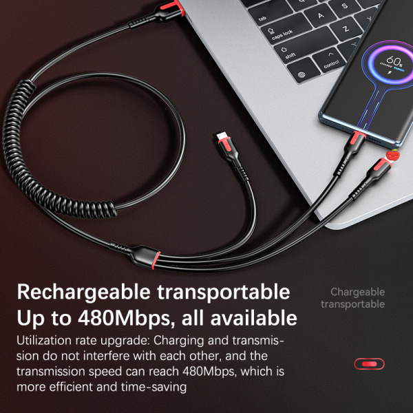 3-i-1 uttrekkbar datakabel USB-fjær uttrekkbar kabel for 1.2m