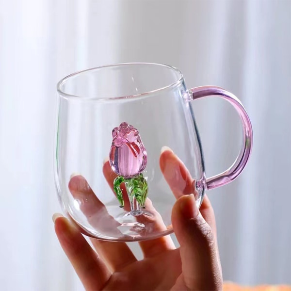 3D Rose glass kopp med håndtak Husholdnings frokost kopp for juice B