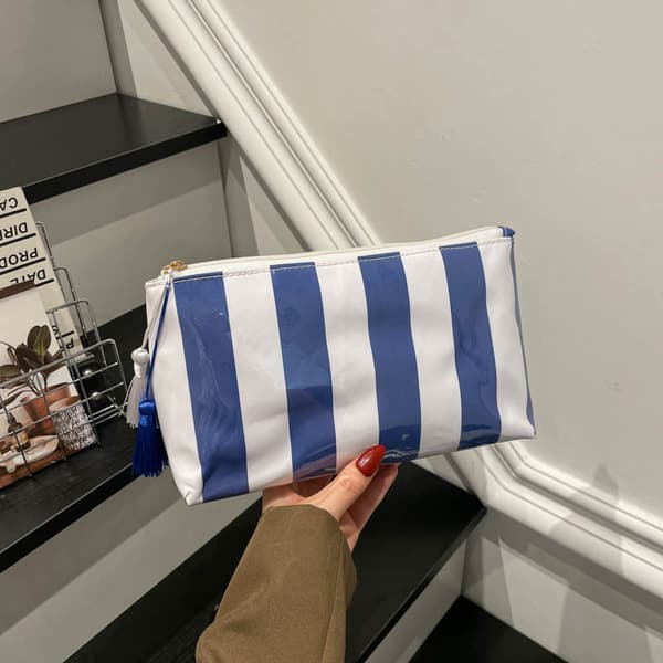 Stribet PVC Makeuptaske Vandtæt Vaskbar Lynlås Kosmetikpung Blue