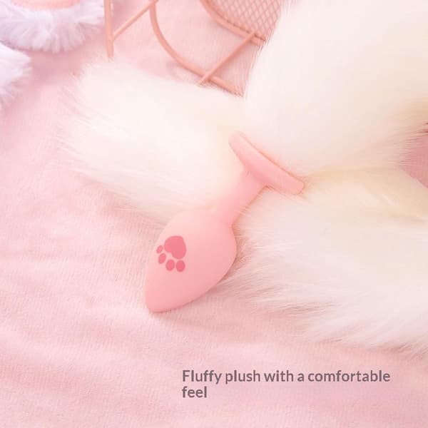 Silikone Analtap Katteklo Pels Hale Buttplug Cosplay Kostume Pink Long