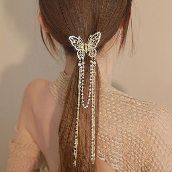 Ny Crystal Butterfly Pearl Tassel Hairpin n Simple Side Clip L C