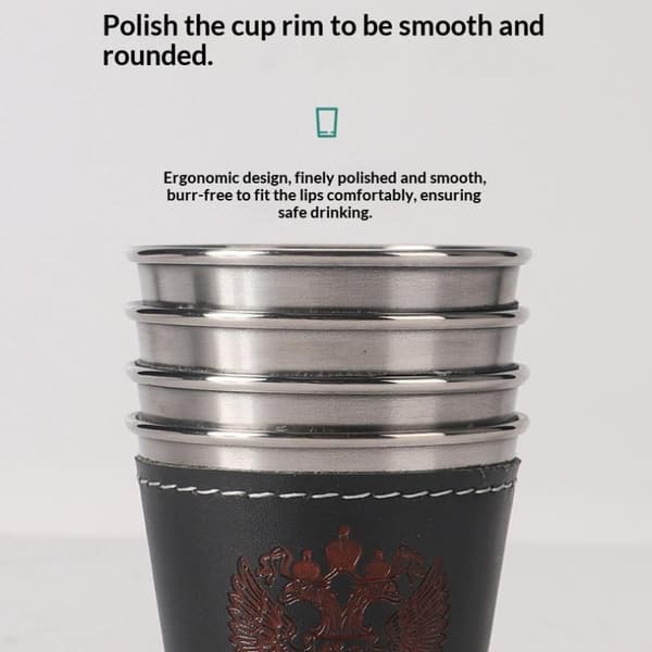 4 stk/sett reisekopper i rustfritt stål med lær til kaffe og vin 70ML
