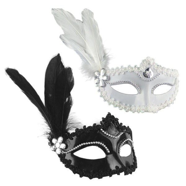 Feather Pearl Mask Halloween Party Maskerad White Black Eye M Black