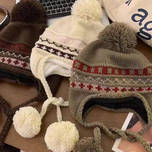 Vintervarm mössa för kvinnor, utomhus Fair Isle förtjockad C Black