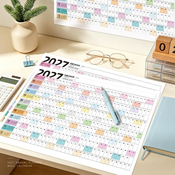 2027 Helårs vægkalender, tomme blokke, daglig planlægning A