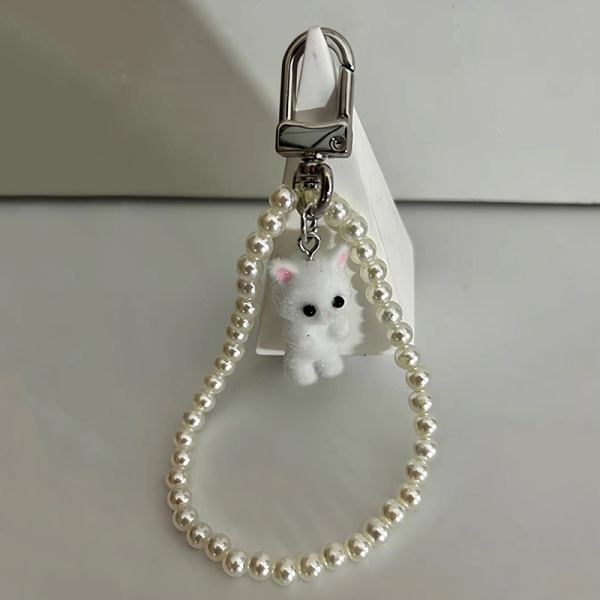 Kawaii plysch katt nyckelring Pearl wristlet nyckelring för flickor Fash White