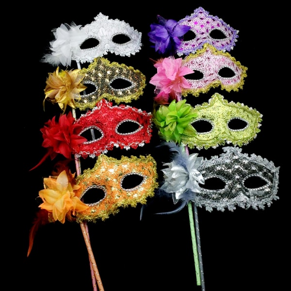 Blomma Handhållen Mask Kvinnor Dam Flickor Venetian Princess Masquer Black