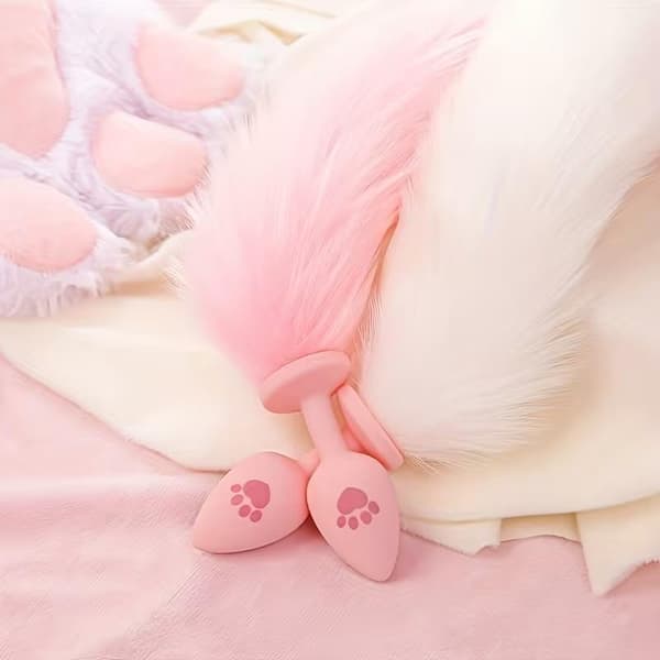 Silikone Analtap Katteklo Pels Hale Buttplug Cosplay Kostume Pink Long
