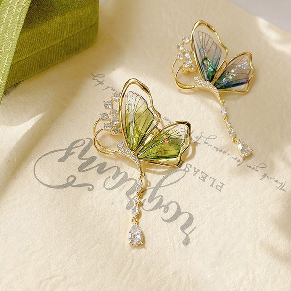 Mote gjennomskinnelig krystall sommerfugl dusk Brosje kvinner frakk Green