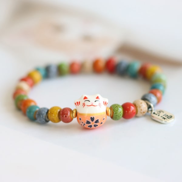 Mode e Lucky Cat Armband för tjejer Justerbar färgglad pärla A1