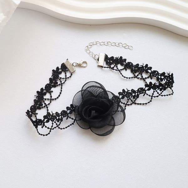 Fairy Style Temperament Black Camellia Choker Langt bånd Vinta A2
