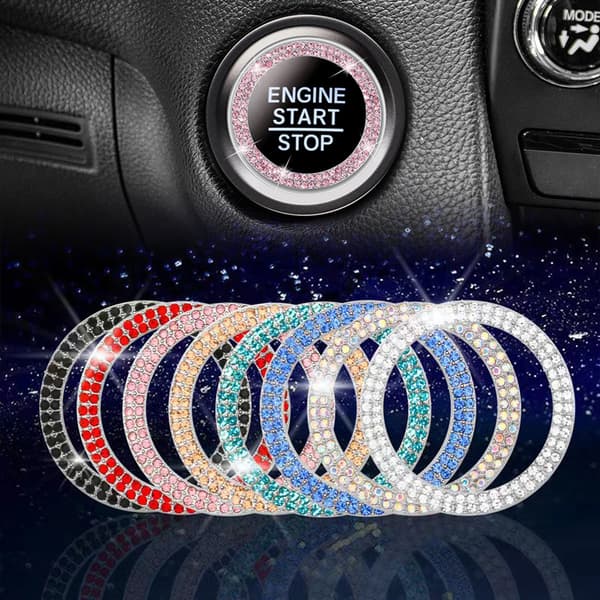 Bilmotor Start Stop Knap Dæksel Dobbelt Rhinestone Sticker Pr White