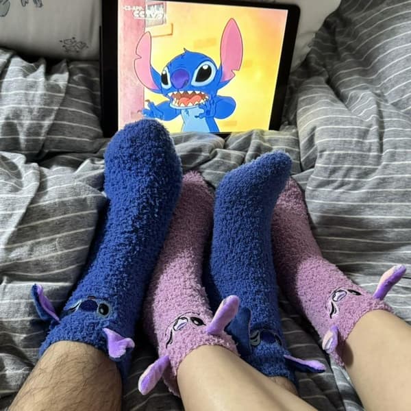 e Tecknad Stitch Termiska Strumpor Korallfleece Halkfria Golvstrumpor Blue
