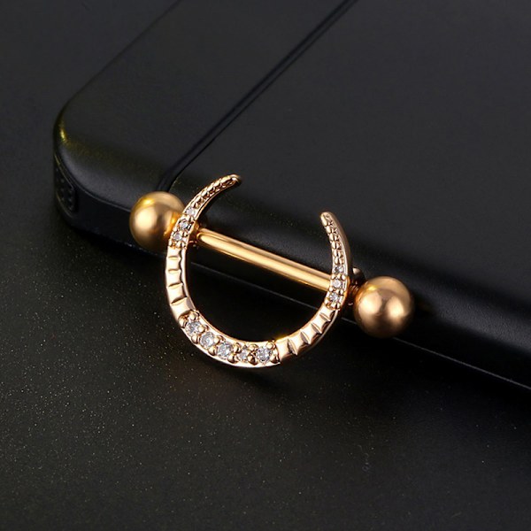Sexet brystvorte ring rustfrit stål zircon New Moon U-formet Barbe Gold