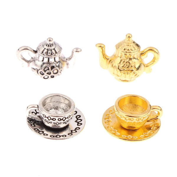 1 sett 1:12 Dukkehus Miniatyr tekanne kopp og tallerkenbord Mod Silver
